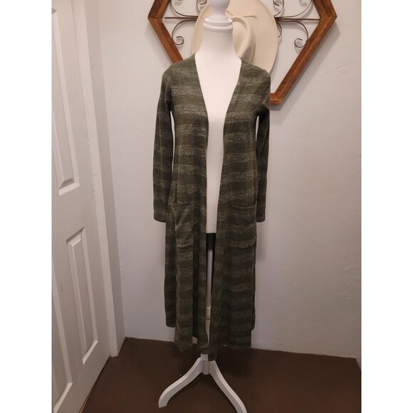 LULAROE SARAH LONG CARDIGAN DUSTER OLIVE/GREY STRIPE POCKETS LONG SLEEVE  XS - Picture 1 of 9